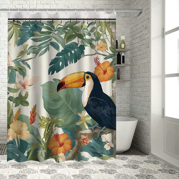 Orinice Tropical Birds Leaves Shower Curtain for Bathroom Toucan Green Jungle Palm Leaf Decorative Bath Curtain 72 x 72 Inch Polyester Fabric Waterproof Bathroom Curtain with 12 Hooks 69x72