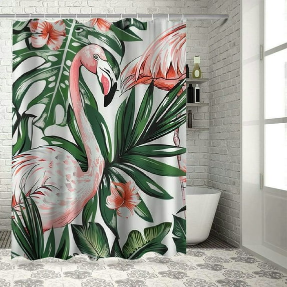 Orinice Tropical Flamingo Shower Curtain Pink Bird Floral Green Palm Tree Bathroom Shower Curtains Black and White Leaf Small Waterproof Washable Fabric Stall Bath Curtain Set with Hooks, 69x72