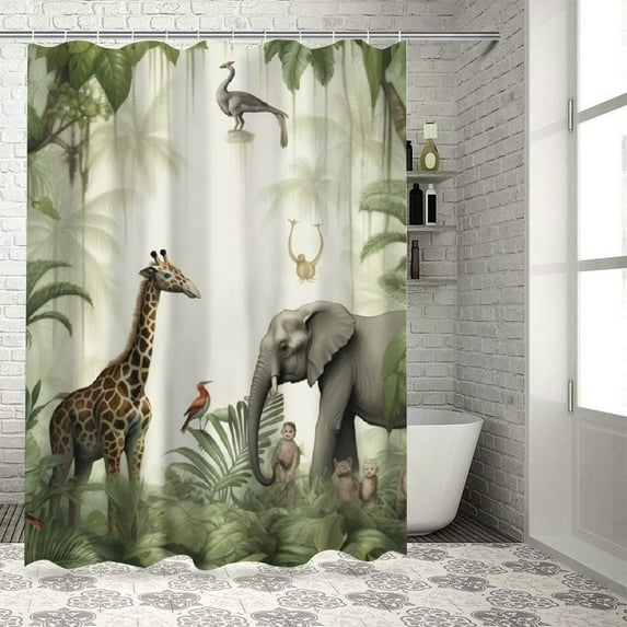 Orinice Tropical Jungle Animals Shower Curtain for Bathroom Giraffe Elephant Monkey Decorative Bath Curtain Polyester Fabric Waterproof Bathroom Curtain with 12 Hooks 69x72