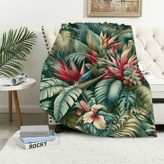 Orinice Tropical Leaves Flowers Warm Lightweight Blanket Soft Fleece Throw Blanket Living Rooms Sofa Decor Cow Gifts All Seasons Exquisite Soft Plush Blankets 50x60in