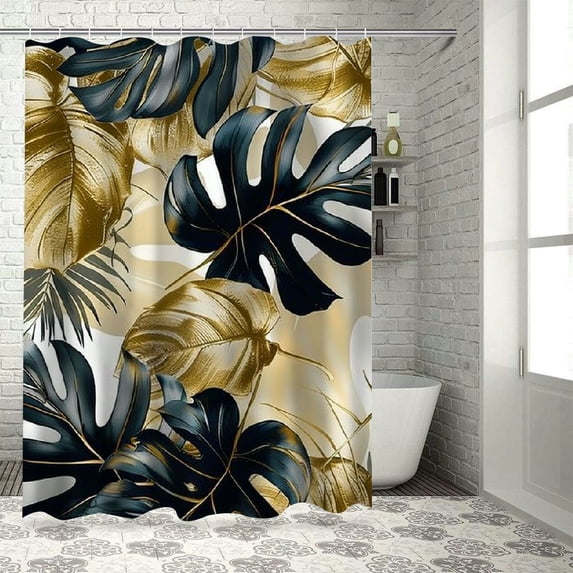 Orinice Tropical Leaves Shower Curtain Black Gold Boho Botanical Banana Golden Monstera Leaf Jungle Mid Century Modern Minimalist Abstract Polyester Fabric Curtains Bathroom Set Hooks 69x72