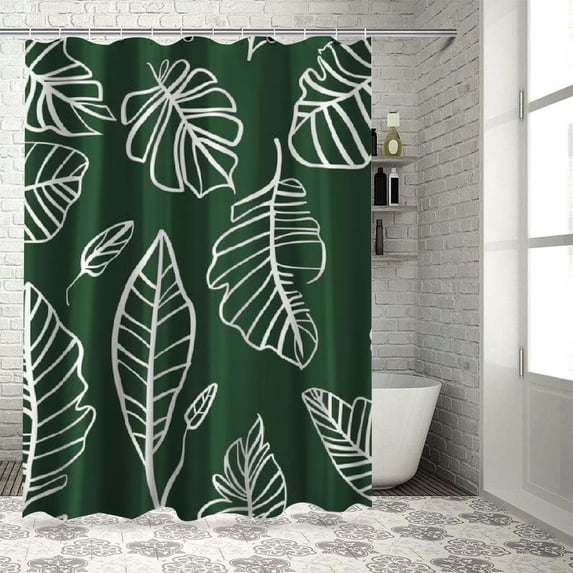 Orinice Tropical Palm Leaves Shower Curtain Abstract Dark Green White Plants Leaf Line Arts Boho Botanical Minimalist Banana Monstera Jungle Rainforest Nature Fabric Bath Curtain Set with Hook 69x72