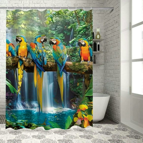 Orinice Tropical Parrot Shower Curtain Spring Nature Forest Waterfall Colorful Birds on The Branch Summer Lush Jungle Plant Natural Landscape Bathroom Polyester Fabric Curtain Set  36x72
