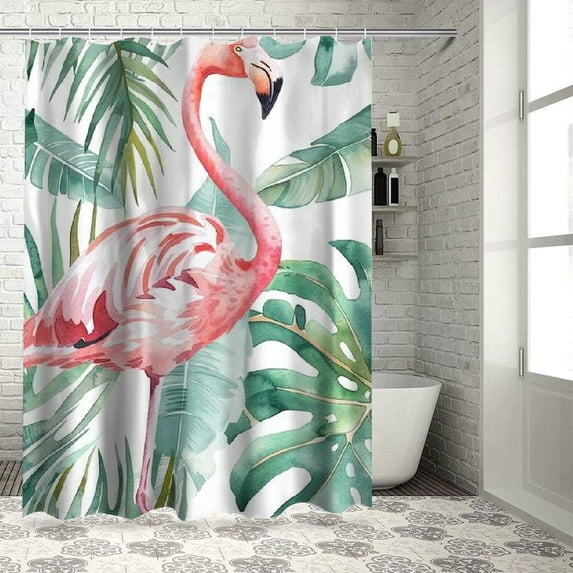 Orinice Tropical Pink Flamingo Shower Curtain with Hooks, Teal Palm Leaves Modern Style Waterproof Fabric Bathroom Decor Set 71X71 Inch 60x72