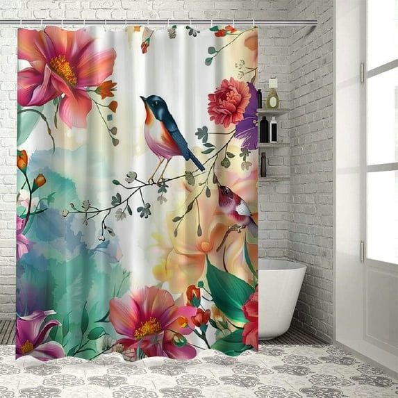 Orinice Tropical Plant Shower Curtain Floral Hummingbird Green Leaves Jungle Watercolor Botanical Spring Fabric Bathroom Curtain with Hooks, 69x72