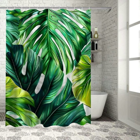 Orinice Tropical Plant Shower Curtain Palm Leaves Green Botanical Banana Leaf Monstera Leaf Watercolour Bathroom Curtains Set Polyester Fabric with Hooks 36x72