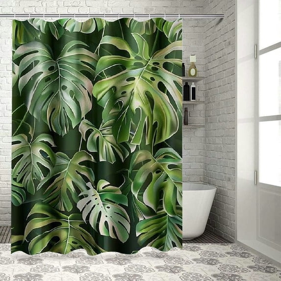 Orinice Tropical Plants Shower Curtain Watercolor Greens Monstera Bamboo Leaves Banana Leaves Natural Cool Jungle Rainforest Hawaiian Nature View Bathroom Curtain with hook