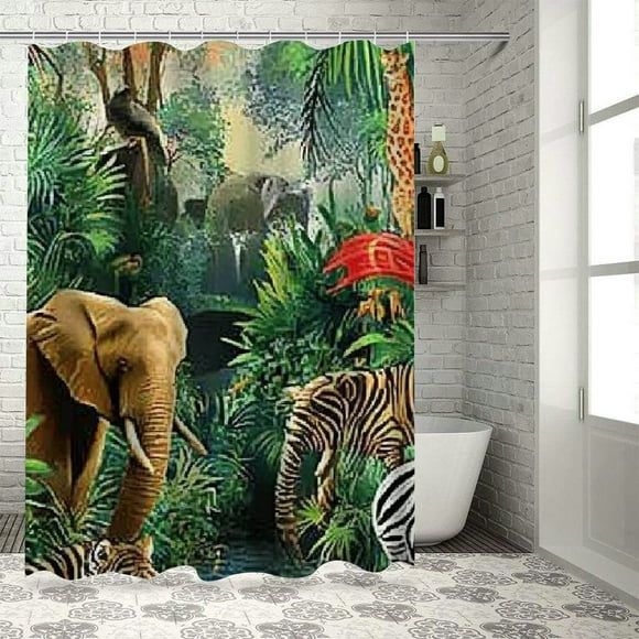 Orinice Tropical Rainforest Shower Curtain Jungle Animals Tiger Lion Elephant Parrot Tropical Palm Leaves Sunset Safari Park Colorful for Bathroom Decor Accessories Bathtub Curtain   69"x72