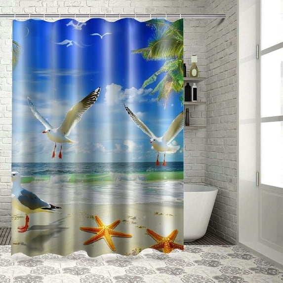 Orinice Tropical Scene Shower Curtains, Hawaii Summer Palm Tree Beach Seaside Coastal Ocean Scenery Seagull Decor Bath Curtains for Bathroom Set, Waterproof Durable Cloth with 12 Hooks, 36x72