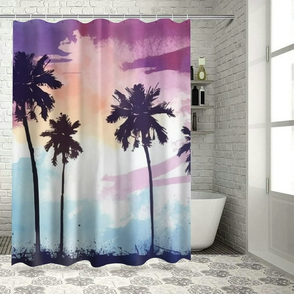 Orinice  Tropical Shower Curtain, Coconut Palm Tree Silhouettes Summer Holiday Watercolors Picture, Cloth Fabric Bathroom Decor Set with Hooks,  36x72