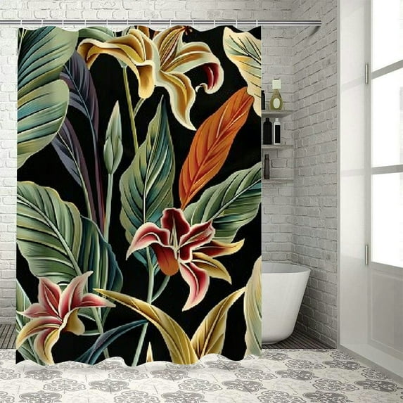 Orinice Tropical Shower Curtain Green Banana Leaf Floral Black Backdrop Exotic Vintage Jungle Plant Red Strelitzia Green Fabric Bath Curtains Bathroom Polyester with Plastic Hooks 60x72