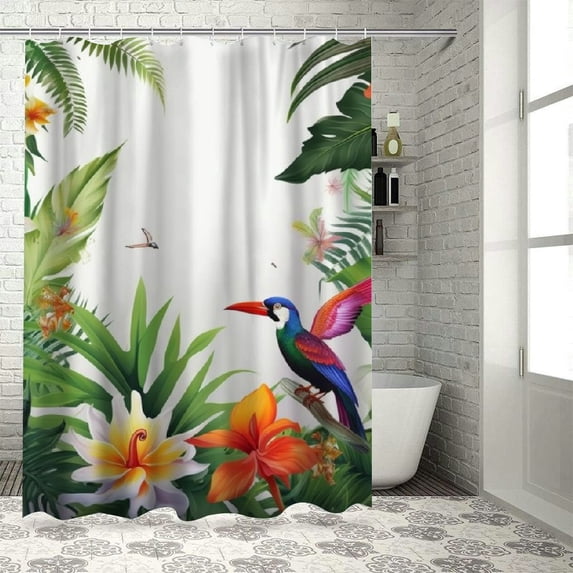 Orinice Tropical Shower Curtain, Growth Rainforest of Hawaii with Frangipani Philodendron Birds of Paradise, Cloth Fabric Bathroom Decor Set with Hooks, 60x72