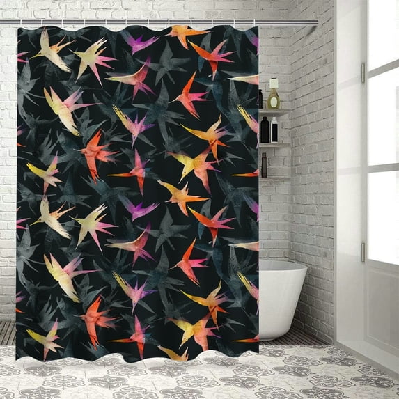 Orinice Tropical Stall Shower Curtain, Exotic Birds of Paradise Flower Silhouettes Hawaii Nature, Decorative Fabric Set with Hooks for Bathroom, 69x72