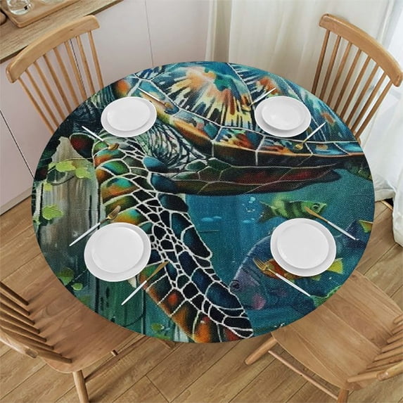 Orinice Turtle Fish Water Round Table Cover Stain Resistant Washable Indoor Outdoor Tablecloth Kitchen Dining Wedding Parties 100% Polyester Fiber 54-58