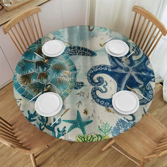 Orinice Turtle Octopus Sea Theme Round Table Cover Stain Resistant Washable Indoor Outdoor Tablecloth Kitchen Dining Wedding Parties 100% Polyester Fiber 54-58