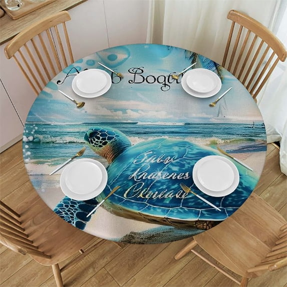 Orinice Turtle Palm Tree Beach Round Table Cover Stain Resistant Washable Indoor Outdoor Tablecloth Kitchen Dining Wedding Parties Picnic Farmhouse 100% Polyester Fiber 38-42