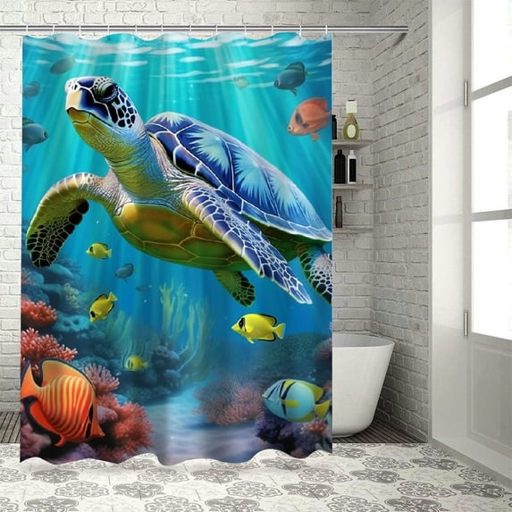 Orinice Turtle Shower Curtain Ocean Animal Turtle Coral Seaweed Underwater Wold Tropical Fish Sea Biological Marine Life Blue Bathroom Decor Curtain with Hooks, 36x72