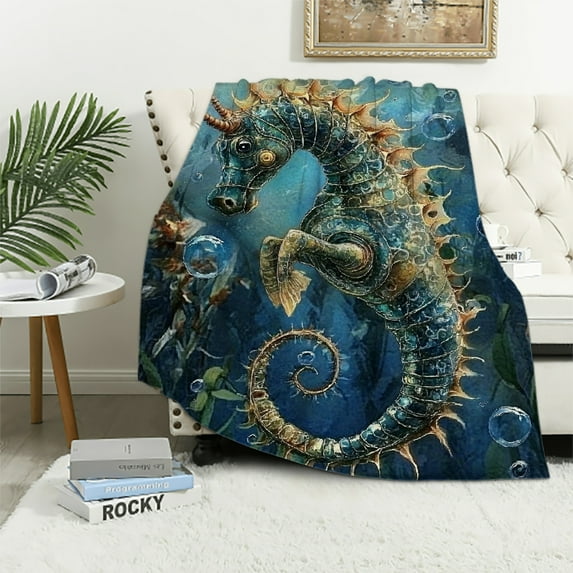 Orinice Underwater Retro Seahorse Throw Blanket for Couch Picnic Camping Bedroom Decor, Deep Ocean Blue Marine Life, Super Soft Cozy Warm Fluffy Blankets Gifts for Kids Adults 50x60in