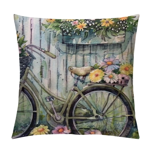 Orinice  Vintage Bicycle Flower Pillow Cases Cushion Cover Oil Painting Bike with Beautiful Daisy Flower Butterfly Decorative Cotton Linen Throw Pillow Covers Spring Farmhouse Decor  White