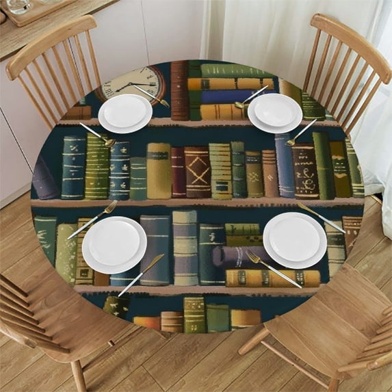Orinice Vintage Books Round Table Cover Stain Resistant Washable for Indoor Outdoor Kitchen Dining Wedding Parties 100% Polyester Fiber 42-46