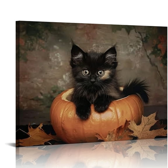 Orinice Vintage Halloween Trendy Cute Black Cat Pumpkincanvas Wall Art Dark Fall Abstract Preppy Prints Painting Creepy Spooky Ghost Dark Academia Wall Decor Unframed 16x12in