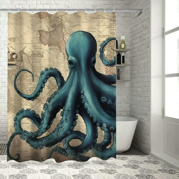 Orinice Vintage Nautical Octopus Shower Curtain Navy Blue Mermaid Funny Ocean Kraken Shower Curtains for Bathroom Anchor Coastal Map Waterproof Fabric Bath Curtain Decor with Hooks 60x72