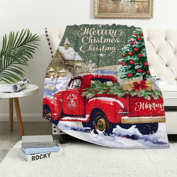 Orinice  Vintage Red Truck Blanket All Hearts Come Home for Christmas Wordings with Pine Tree Throw Blankets Soft Warm Lightweight Cozy Gifts for Adult Women for Couch Living Room Bed Decor  50x60in