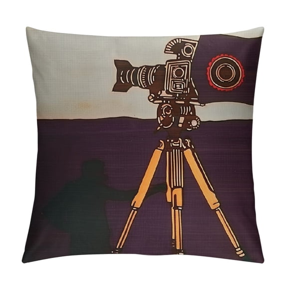 Orinice Vintage Throw Pillow Cushion Cover, Classic Movie Theater Machine with Cinema Fest Typography Past Filmmaker Print, Decorative Square Accent Pillow Case, White