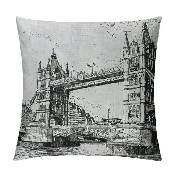 Orinice Vintage Throw Pillow Cushion Cover, Old Fashion London Tower Bridge Sketch Architecture British UK Scenery Art Print, Decorative Square Accent Pillow Case White