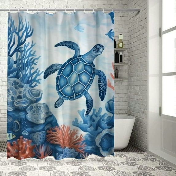 Orinice Watercolor Beautiful Sea Turtles Coral Shower Curtain Set Decorative Fantasy Underwater Nautical Style Animals Sea Turtles Shower Curtain, Toilet Cover, U-Mat, Floor Mat 69x72
