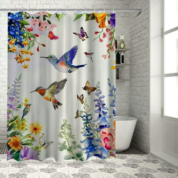 Orinice Watercolor Flower Hummingbird Shower Curtain Spring Bird Butterfly Floral Plant Nature Modern Home Bathroom Bathtub Decor Waterproof Fabric  White