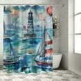 thumbnail image 1 of Orinice  Watercolor Lighthouse Sailboat  Waterproof Shower Curtain Set Vintage Abstract Ocean Nautical Themed Waves Anchor with Waterproof Toilet Cover Shower Mat Rugs, 69x72, 1 of 7