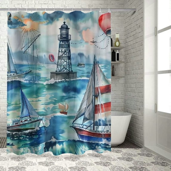 Orinice  Watercolor Lighthouse Sailboat  Waterproof Shower Curtain Set Vintage Abstract Ocean Nautical Themed Waves Anchor with Waterproof Toilet Cover Shower Mat Rugs, 69x72