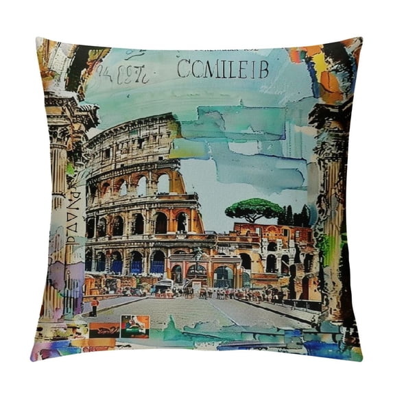 Orinice  Watercolor Throw Pillow Cushion Cover, Historical Rome Architecture Italy Scene from Tourist Monument European Artwork, Decorative Square Accent Pillow Case,  White