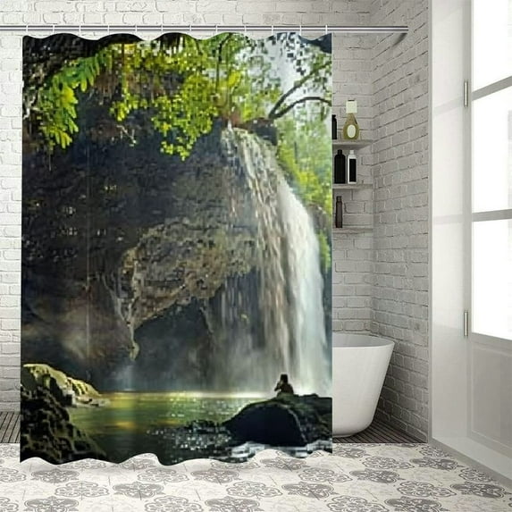 Orinice Waterfall Cave Man Bathroom Decor Set with Hooks, Colorful Luxurious Graphic Print Polyester Fabric Shower Curtain Set, Waterproof Bathroom Shower Curtain for Bathroom 69x72