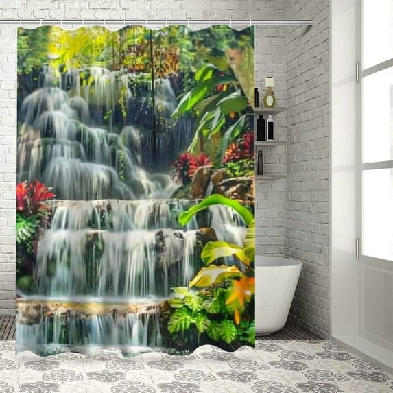 Orinice Waterfall Trees Plants Bathroom Decor Set with Hooks, Colorful Luxurious Graphic Print Polyester Fabric Shower Curtain, 100% Waterproof and Easy to Install, Bathroom Shower Curtain Set 60x72