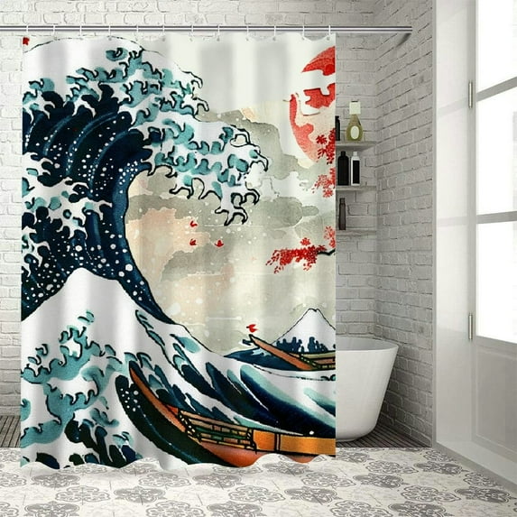 Orinice Wave Tree Red Sun Bathroom Decor Set Polyester Fabric Shower Curtain with Hooks 36x72