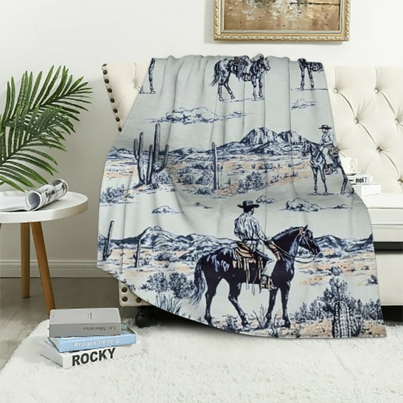 Orinice Western Cowboy Blankets,Sketch Highland Cow Horse Desert Throw Blanket for Kids Boys Men Adult Room Decor,Southwest Rustic Farm Animals Blanket Navy White Sherpa Blanket, 40x50in