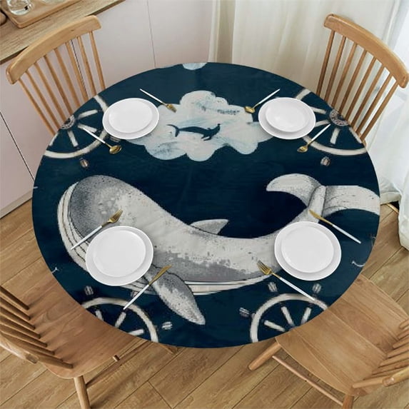 Orinice Whale Ships Wheels Ocean Round Table Cover Stain Resistant Washable Indoor Outdoor Tablecloth Kitchen Dining Wedding Parties Waterproof Fabric 100% Polyester 38-42
