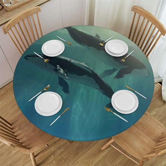 Orinice Whales Ocean Sunlight Round Table Cover Stain Resistant Washable for Indoor Outdoor Kitchen Dining Wedding Parties 100% Polyester Fiber 42-46