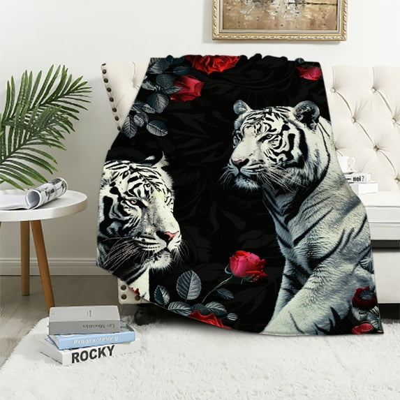 Orinice White Tigers Roses Digital Art Flannel Blanket | Soft Fleece Throw Blanket for All Seasons | Living Room Sofa Decor | Cow Gifts | Multiple Sizes Available 60x80in