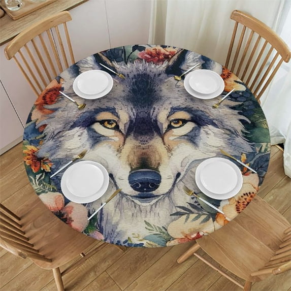 Orinice Wolf Flowers Watercolor Round Tablecloth Stain Resistant Washable Indoor Outdoor Kitchen Dining Wedding Parties Waterproof 100% Polyester Fiber 54-58