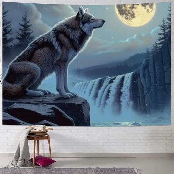 Orinice Wolf Moon Waterfall Tapestry Wall Hanging Unique Style for Home Wall Decor Art in Living Room Bedroom Dorm 50x40inch