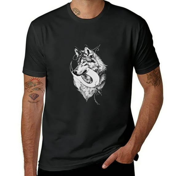 Orinice Wolf Symbols Sketch Men's T-Shirt Novelty Casual Letter Graphic Crewneck Tee 4XL