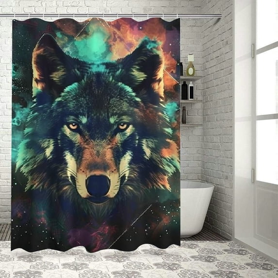 Orinice Wolf Triangle Star Bathroom Decor Set with Hooks 100% Polyester Washable Shower Curtain Set 60x72
