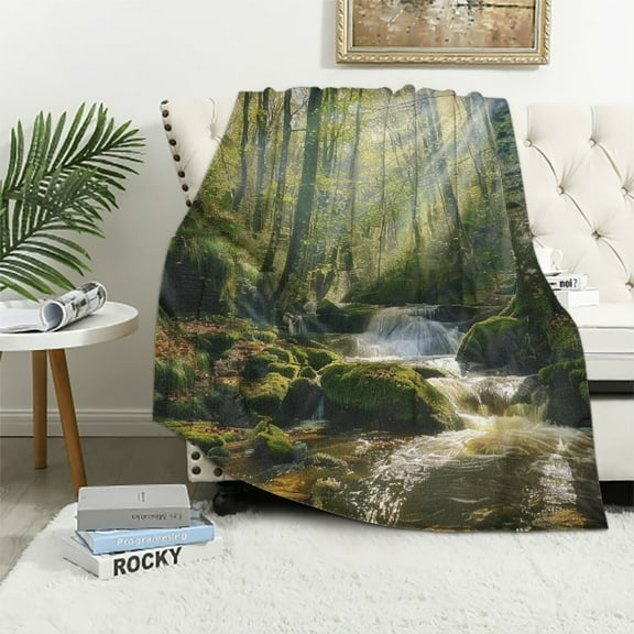 Orinice  Woodland Soft Flannel Fleece Throw Blanket, Forest Scene at Golitha Falls Nature Reserve on The River Fowey Cornwall England, Cozy Plush for Indoor and Outdoor Use,  40x50in