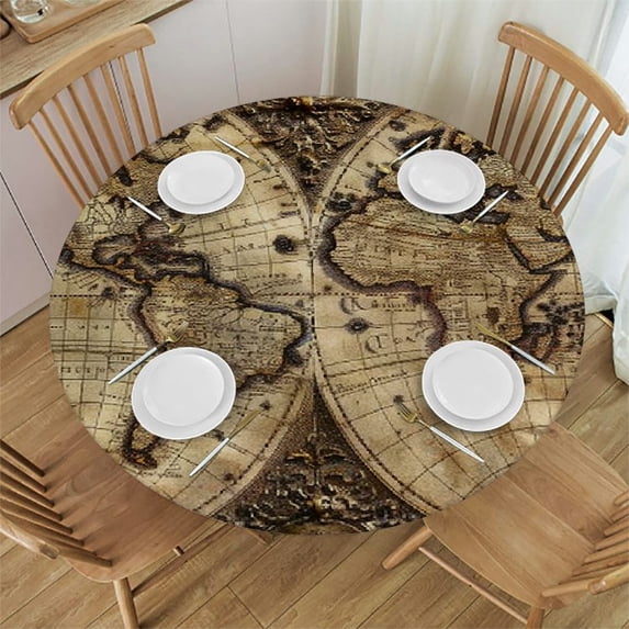 Orinice World Map Round Table Cover Stain Resistant Washable Indoor Outdoor Tablecloth Kitchen Dining Wedding Parties 100% Polyester Fiber 38-42