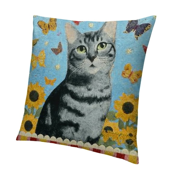 Orinice Yellow Sunflower Farm Animal Cat Cushion Cover Rustic Red Buffalo Plaid Butterfly Floral Pillow Cover Vintage Farmhouse Euro Sham Pillow for Sofa Living Room 18x18in