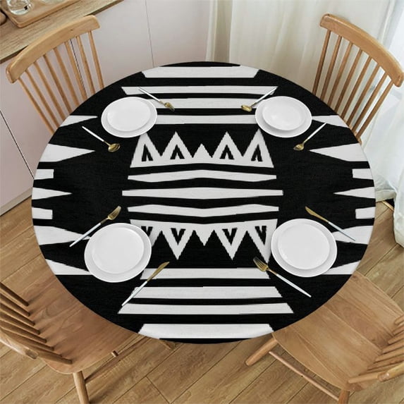 Orinice pattern black and white round table top, stain resistant and washable, ideal for indoor and outdoor use, kitchen, dining room, wedding, party, outdoor installation, 100% polyester