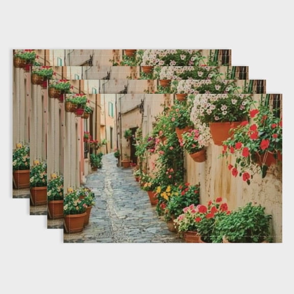 Orinice placemat 4-piece set, Eastern Mediterranean Tuscan house entrance rustic wooden door and colorful flower pattern, washable placemat, placemat 4 pieces, 18x12in